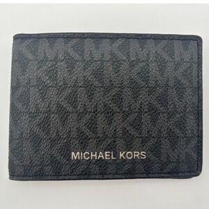 Michael Kors Mens Bifold Wallet Black Grey Signature MK Logo Print Slim